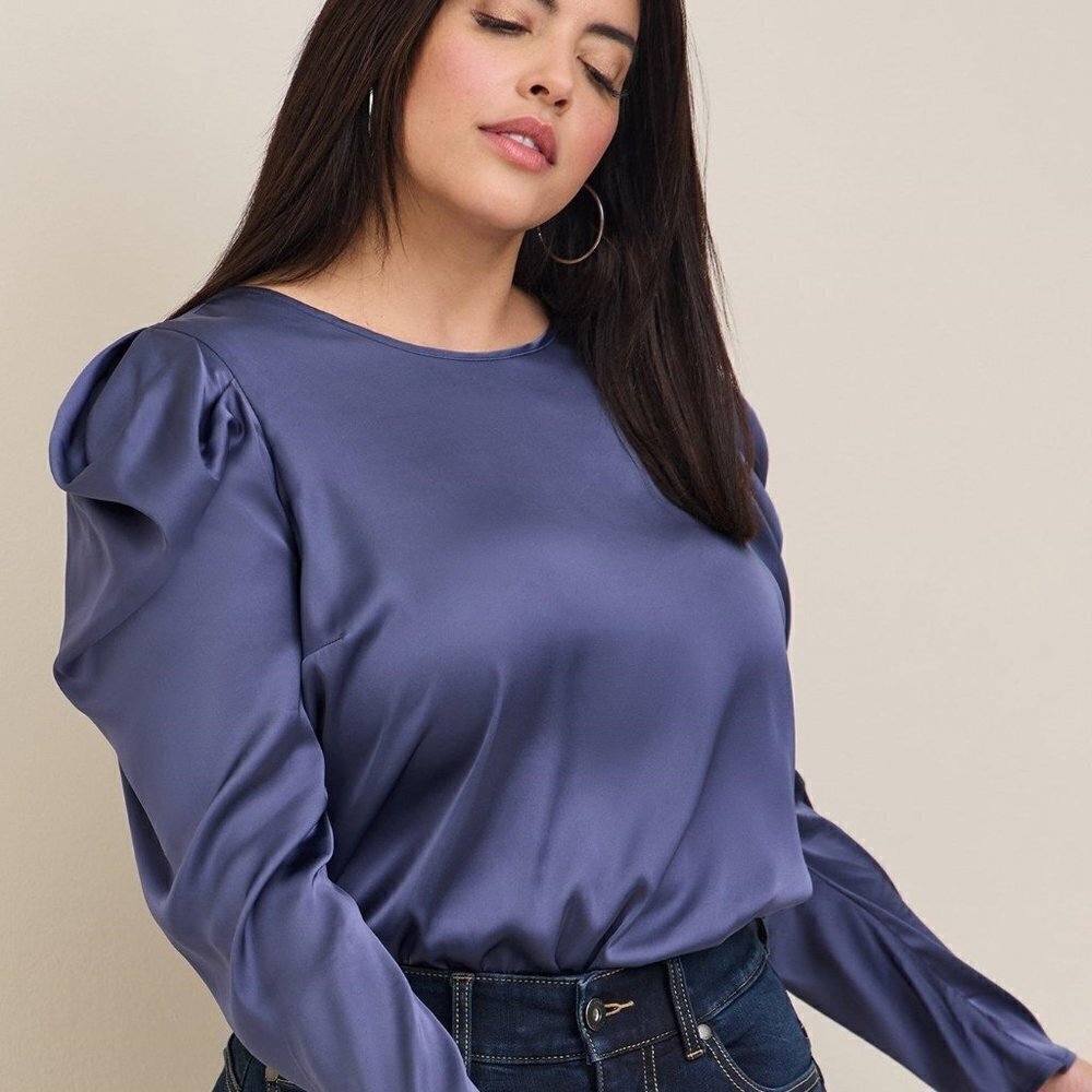 Torrid - Satin Puff Long Sleeve Top in Crown Blue Navy​​​​​​​​​​
